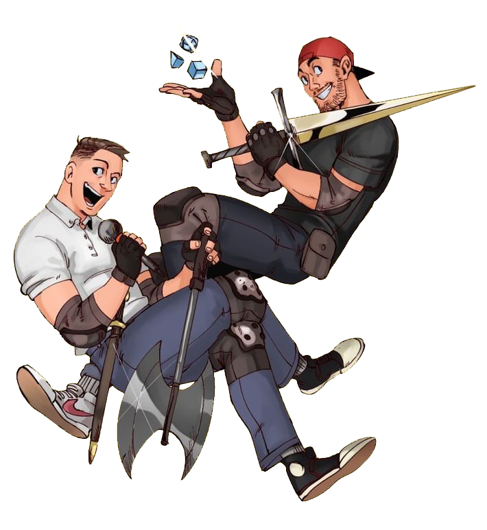 Illustration of the two Nates with microphones, dice, and oversized swords